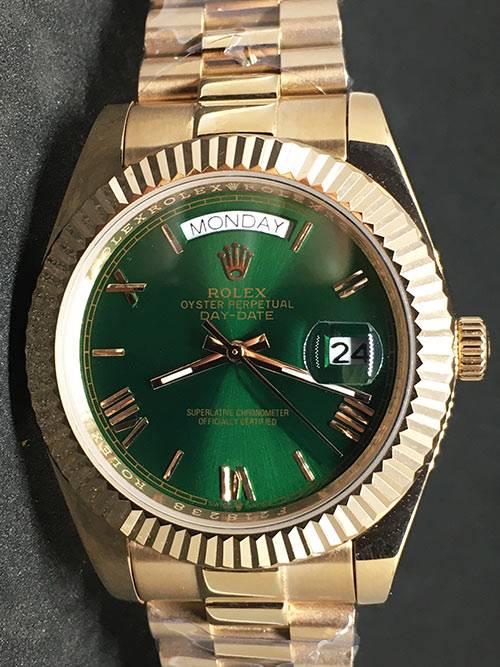 Replica de reloj Rolex Day-Date 08 (40mm) Esfera verde (Correa President) Automático (Oro)