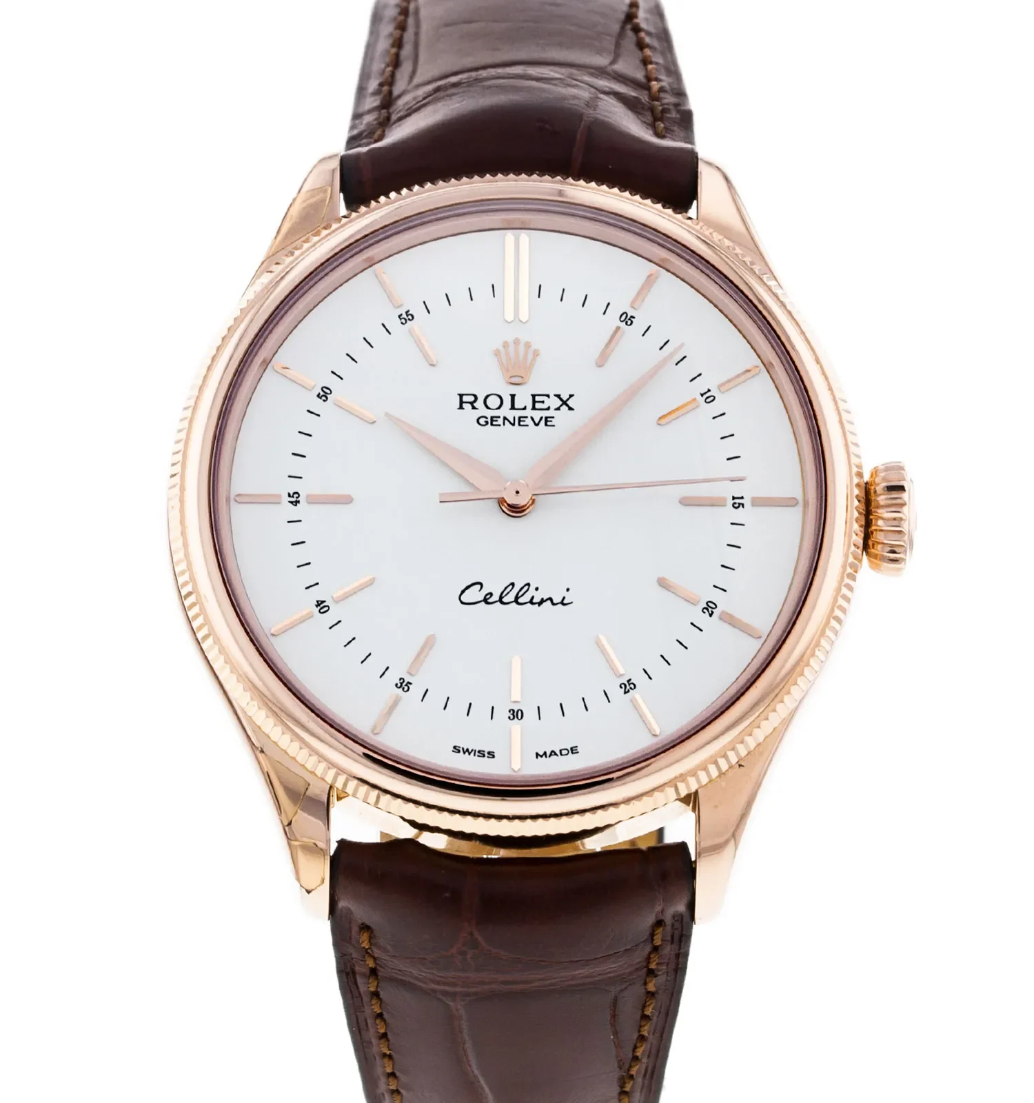 Replica de reloj Rolex Cellini 02/2 (39mm) 50505 Esfera blanca (Correa de piel marrón) Automático