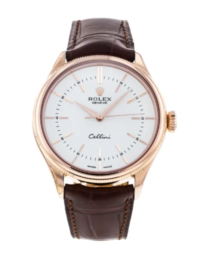 Replica de reloj Rolex Cellini 02/2 (39mm) 50505 Esfera blanca (Correa de piel marrón) Automático