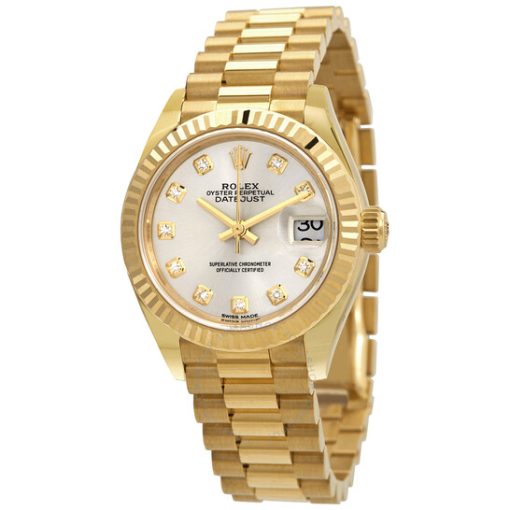Replica de reloj mujer Rolex Datejust 004 (28mm) 279178 (Esfera plateada) Oro amarillo-Correa President-Automático