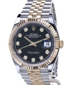 Replica de reloj Rolex Datejust 35 (36mm) 126233 (Correa Jubilee) Esfera negra (Diamantes) Acero y oro-Jubilee-Automático