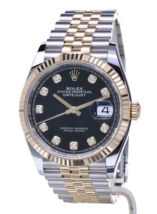 Replica de reloj Rolex Datejust 35 (36mm) 126233 (Correa Jubilee) Esfera negra (Diamantes) Acero y oro-Jubilee-Automático
