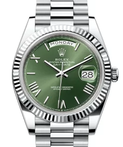 Replica de reloj Rolex Day-Date 05 (40mm) 228236 Esfera verde (President) Oro blanco-Automático
