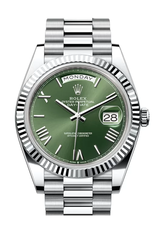 Replica de reloj Rolex Day-Date 05 (40mm) 228236 Esfera verde (President) Oro blanco-Automático