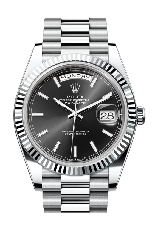 Replica de reloj Rolex Day-Date 15 (40mm) 228236 Esfera negra (President) Platinum-Romans- Automático