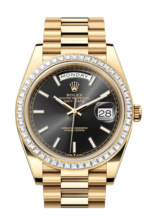 Replica de reloj Rolex Day-Date 16 (40mm) 228398TBR (Esfera Negra) President Diamonds-Oro-Automático