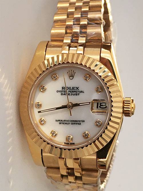Replica de reloj Rolex Datejust Mujer 04 (28 mm) Esfera blanca (Correa jubilee) Oro (Diamantes)