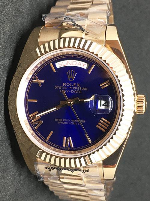 Replica de reloj Rolex Day-Date 18 (40mm)  Esfera azul (Correa President) Automático Yellow gold (Números romanos)