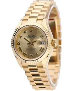 Replica de reloj Rolex Datejust mujer 006 (28 mm) Esfera Champagne -Oro amarillo (Correa president) Automático