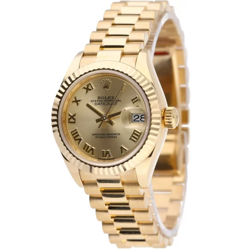 Replica de reloj Rolex Datejust mujer 006 (28 mm) Esfera Champagne -Oro amarillo (Correa president) Automático
