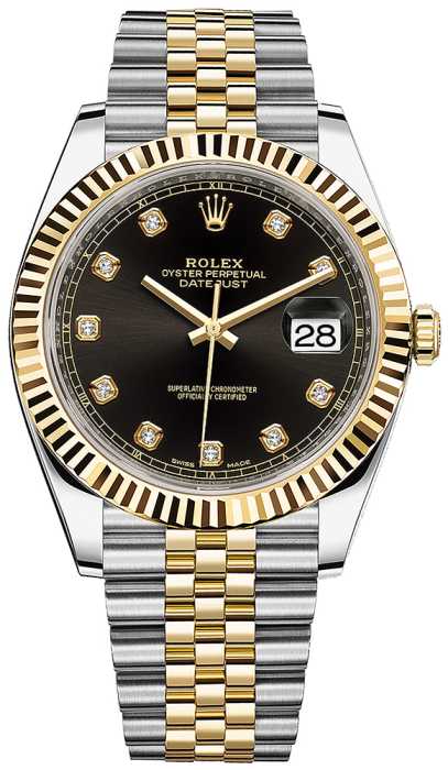 Replica de reloj Rolex Datejust ll 30/4 (41mm) 126333 correa jubilee Bicolor (Esfera negra) automático / diamantes