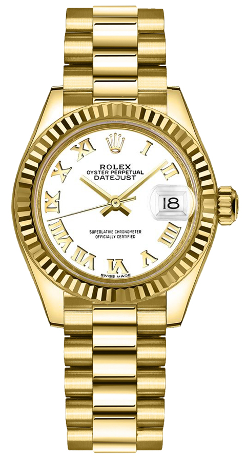 Replica de reloj Rolex Datejust mujer 002 (28mm) 279178 -Oro amarillo correa president-Esfera blanca-números romanos-Automático