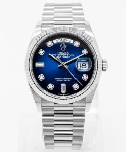 Replica de reloj Rolex Day-Date 05/10 (36mm) 128239 Platinum Correa President (Esfera Azul blue-Diamantes (Automático)