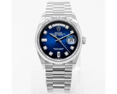 Replica de reloj Rolex Day-Date 05/10 (36mm) 128239 Platinum Correa President (Esfera Azul blue-Diamantes (Automático)