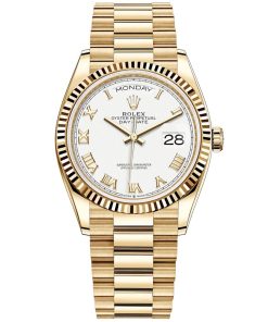 Replica de reloj Rolex Day-Date 05/2 (36mm) 128238 Oro President (Esfera Blanca) Números romanos (Automático)