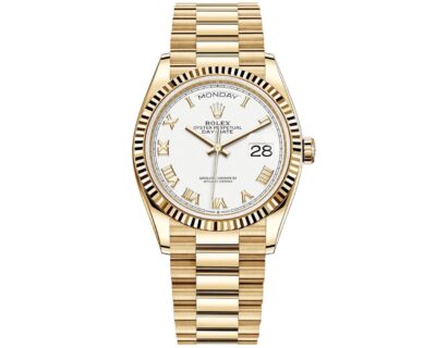 Replica de reloj Rolex Day-Date 05/2 (36mm) 128238 Oro President (Esfera Blanca) Números romanos (Automático)