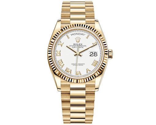Replica de reloj Rolex Day-Date 05/2 (36mm) 128238 Oro President (Esfera Blanca) Números romanos (Automático)