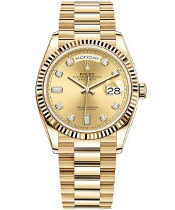 Replica de reloj Rolex Day-Date 05/5 (36mm) 128238 Oro amarillo President (Esfera Champagne-Diamantes (Automático)