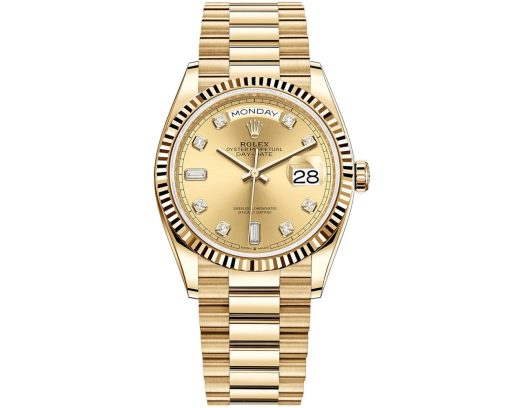 Replica de reloj Rolex Day-Date 05/5 (36mm) 128238 Oro amarillo President (Esfera Champagne-Diamantes (Automático)