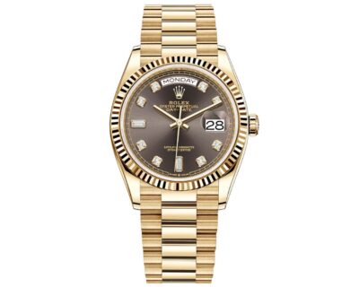 Replica de reloj Rolex Day-Date 05/6 (36mm) 128238 Oro amarillo President (Esfera Gris oscuro-Diamantes (Automático)
