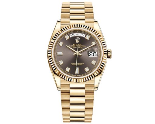 Replica de reloj Rolex Day-Date 05/6 (36mm) 128238 Oro amarillo President (Esfera Gris oscuro-Diamantes (Automático)
