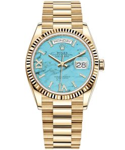 Replica de reloj Rolex Day-Date 05/7 (36mm) 128238 Oro amarillo President (Esfera Turquois-Diamantes (Automático)