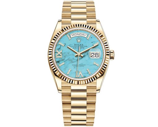 Replica de reloj Rolex Day-Date 05/7 (36mm) 128238 Oro amarillo President (Esfera Turquois-Diamantes (Automático)