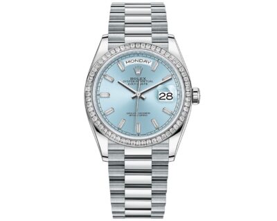 Replica de reloj Rolex Day-Date 05/7 (36mm) 128396TBR Platinum amarillo President (Esfera Ice blue-Diamantes (Automático)