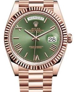 Replica de reloj Rolex Day-Date 21 (40mm) 2228235 President (Esfera Verde) Oro Rosa (Números romanos)