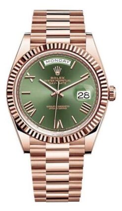 Replica de reloj Rolex Day-Date 21 (40mm) 2228235 President (Esfera Verde) Oro Rosa (Números romanos)